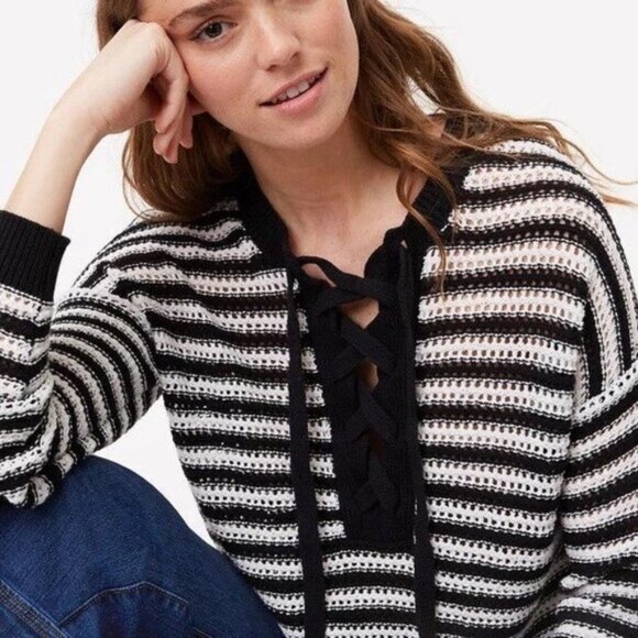 LOFT | Striped Lace Up Sweater - Picture 2 of 10